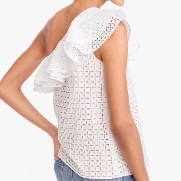 J Crew White One Shoulder Ruffle Eyelet Blouse Top - Picture 2 of 5